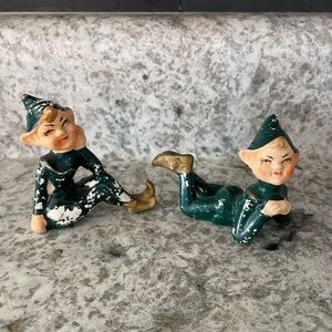 Vintage Pixie Elf Figurines Japan MCM Green 50's or 60’Ceramic Blonde Hair Lot 2